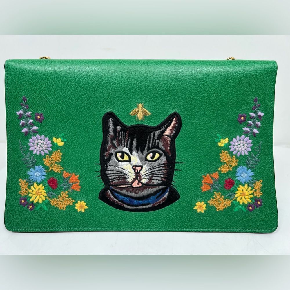 Gucci Linea Ricami Shoulder Bag Embroidered Leather Green Cat - Picture 4 of 13